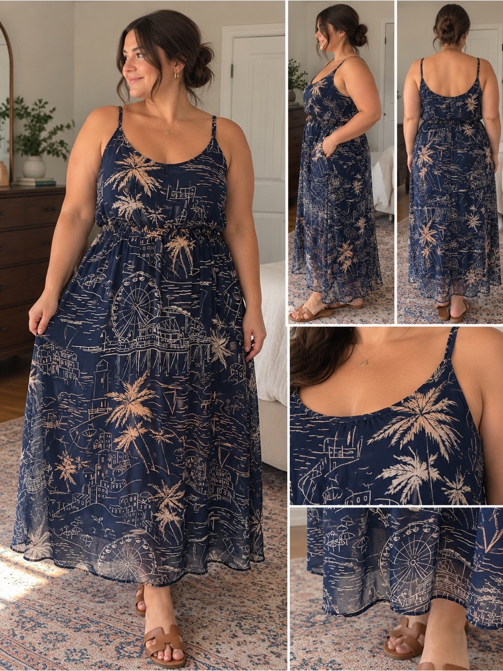 Old Navy Navy and Tan Palm-Print Maxi Dress
